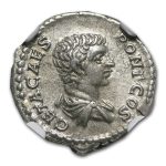 Roman AR Denarius Emperor Geta CH XF NGC (209-211 AD)