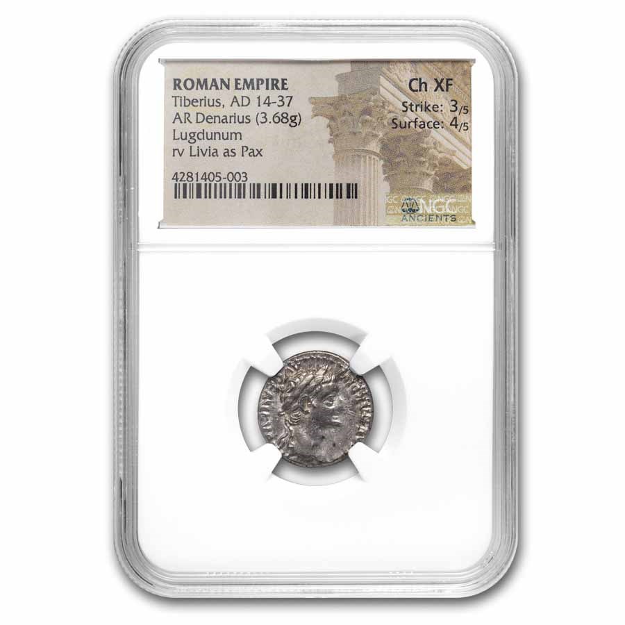 Roman AR Denarius Tiberius (14-37 AD) Ch XF NGC (Tribute Penny)