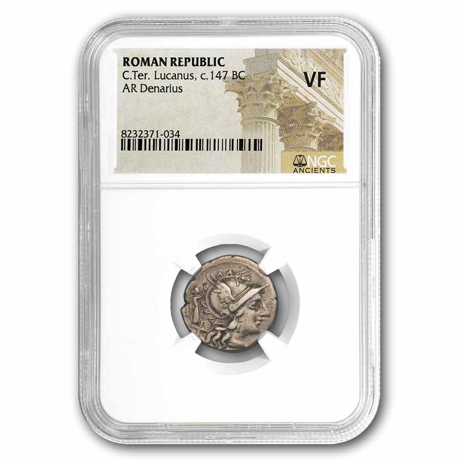 Roman Republic AR Denarius Lucanus (147 BC) VF NGC (Craw. 217/1)