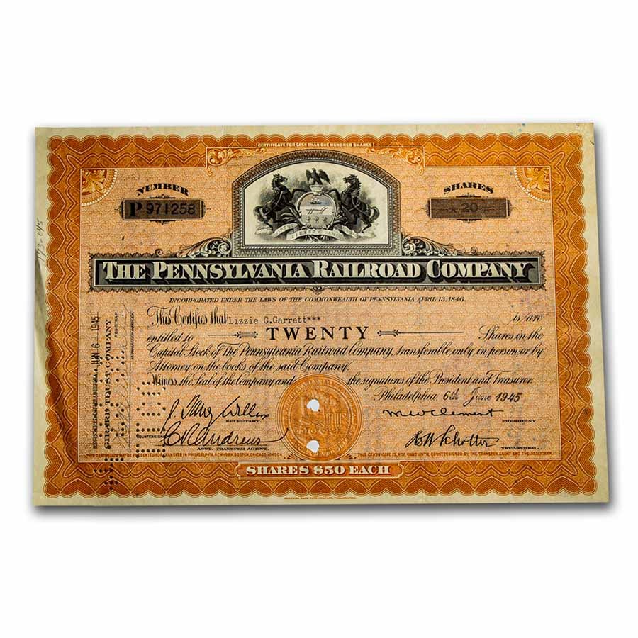 The Pennsylvania Railroad Company Older Stock Cert. (Orange)